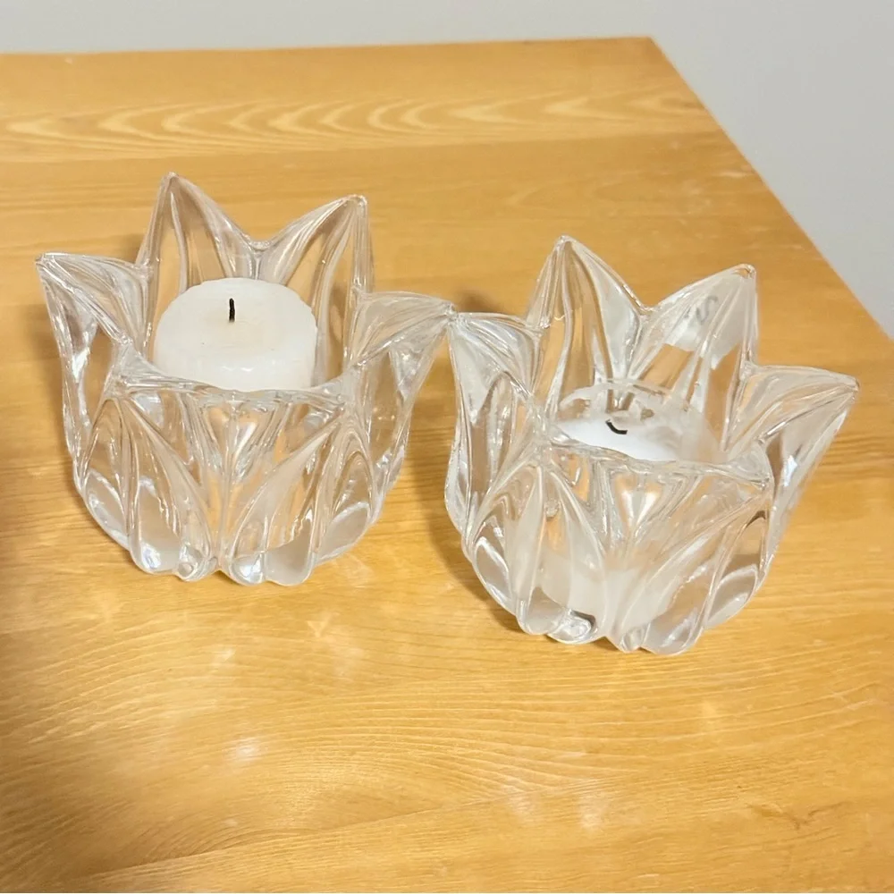 KOSTA BODA Crystal Clear Tulip Flower Votive Candle Holders Pair Sweden